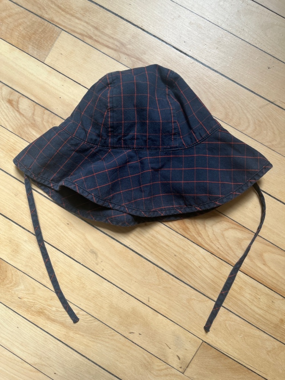 Tiny Cottons Baby Toddler Navy and Red Check Bucket Hat with Chin Ties